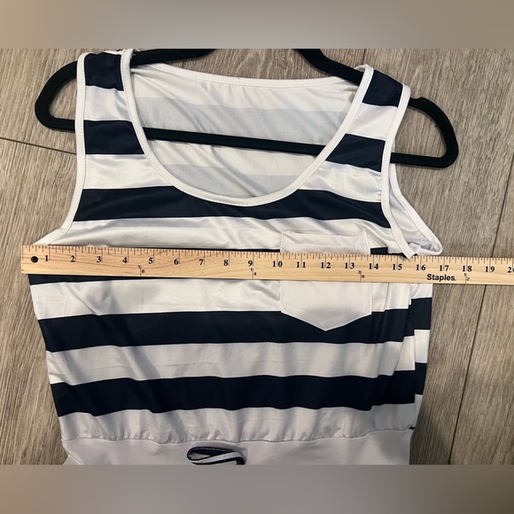 Navy and White Striped Jersey material Dress with pockets - Picture 4 of 7